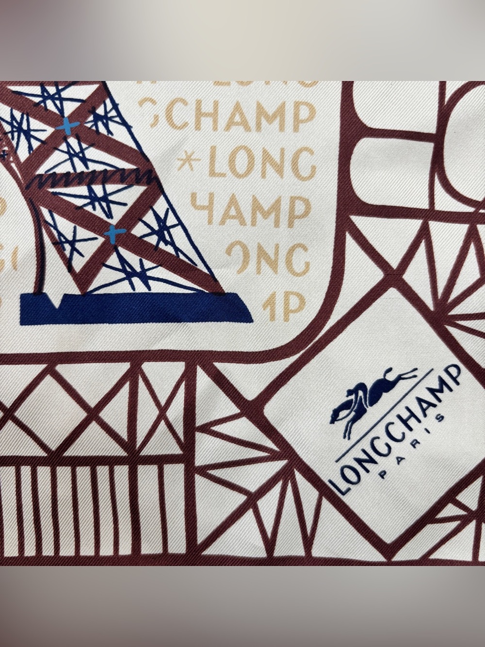Longchamp Paris Gavroche 100% Silk Brown & Cream Eiffel Tower Print Scarf - Picture 6 of 7